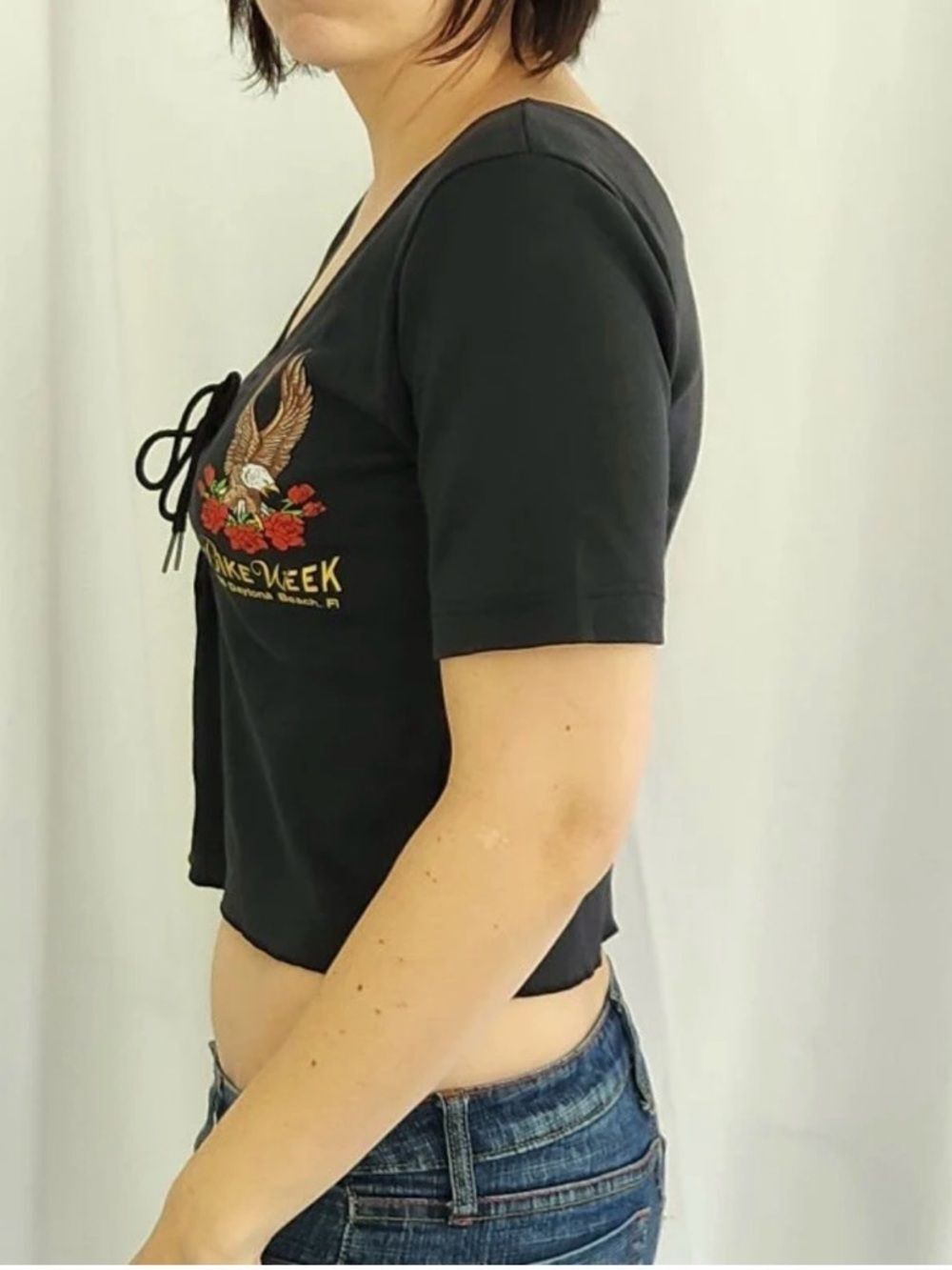Vintage Sturgis S.D. Biker Rally Black Lace-Up Graphic Crop Top - Women L/XL